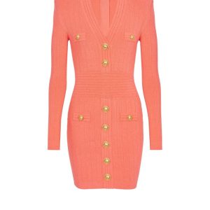 BALMAIN LS V-NECK BUTTONED KNIT SHORT DRESS